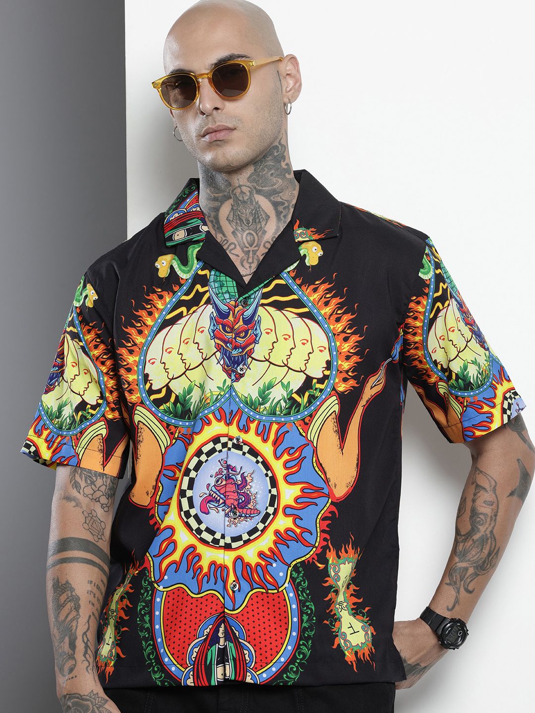 Men's Black Oversized Fit Printed Print Shirt