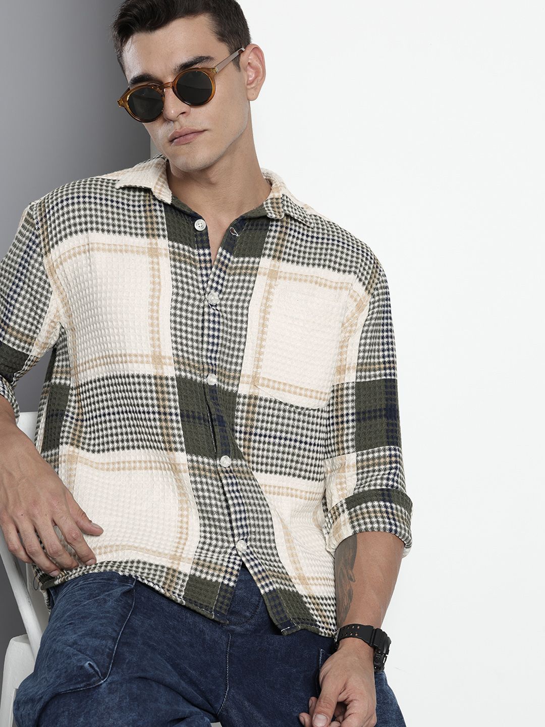 Men's Cream Relaxed Fit Textured Casual Shirt - Main Image