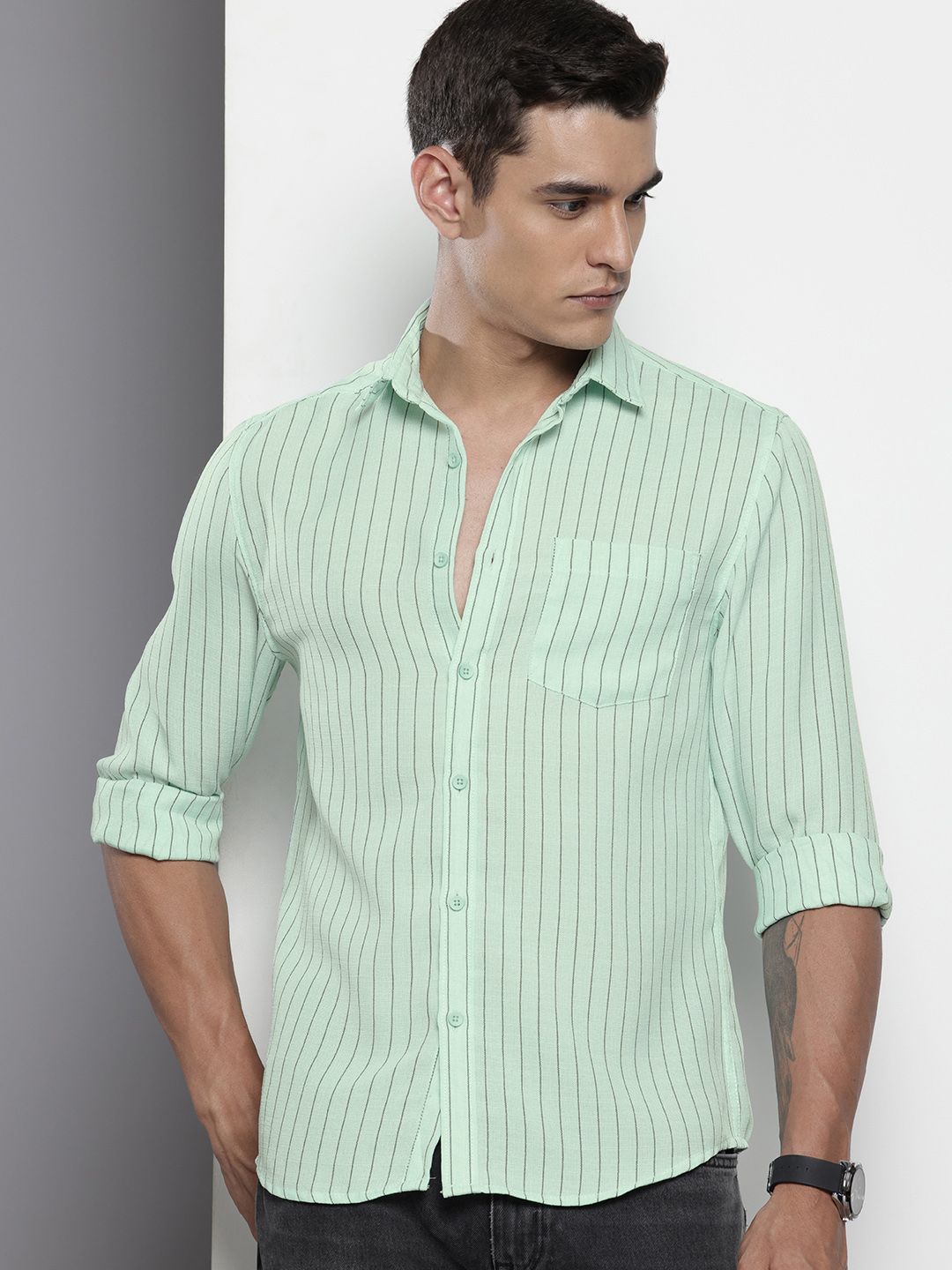 Men's Green Slim Fit Striped Casual Shirt – TIGC
