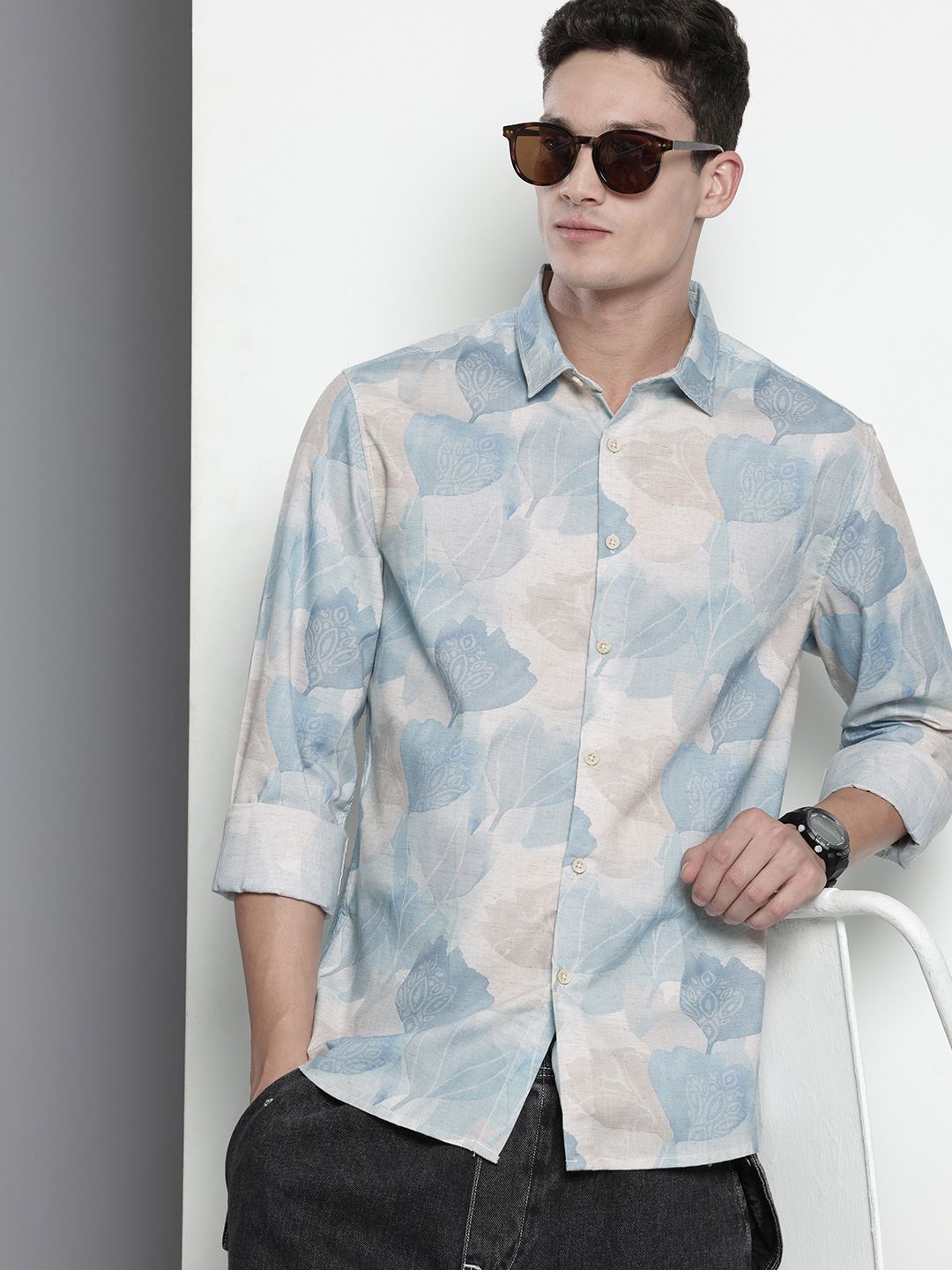 Men's Beige Regular Fit Floral Printed Resort Wear Shirt