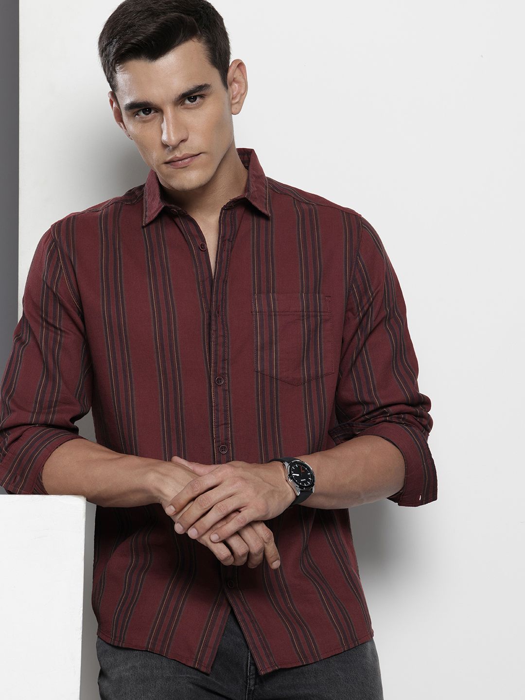 Men's Maroon Slim Fit Striped Casual Shirt