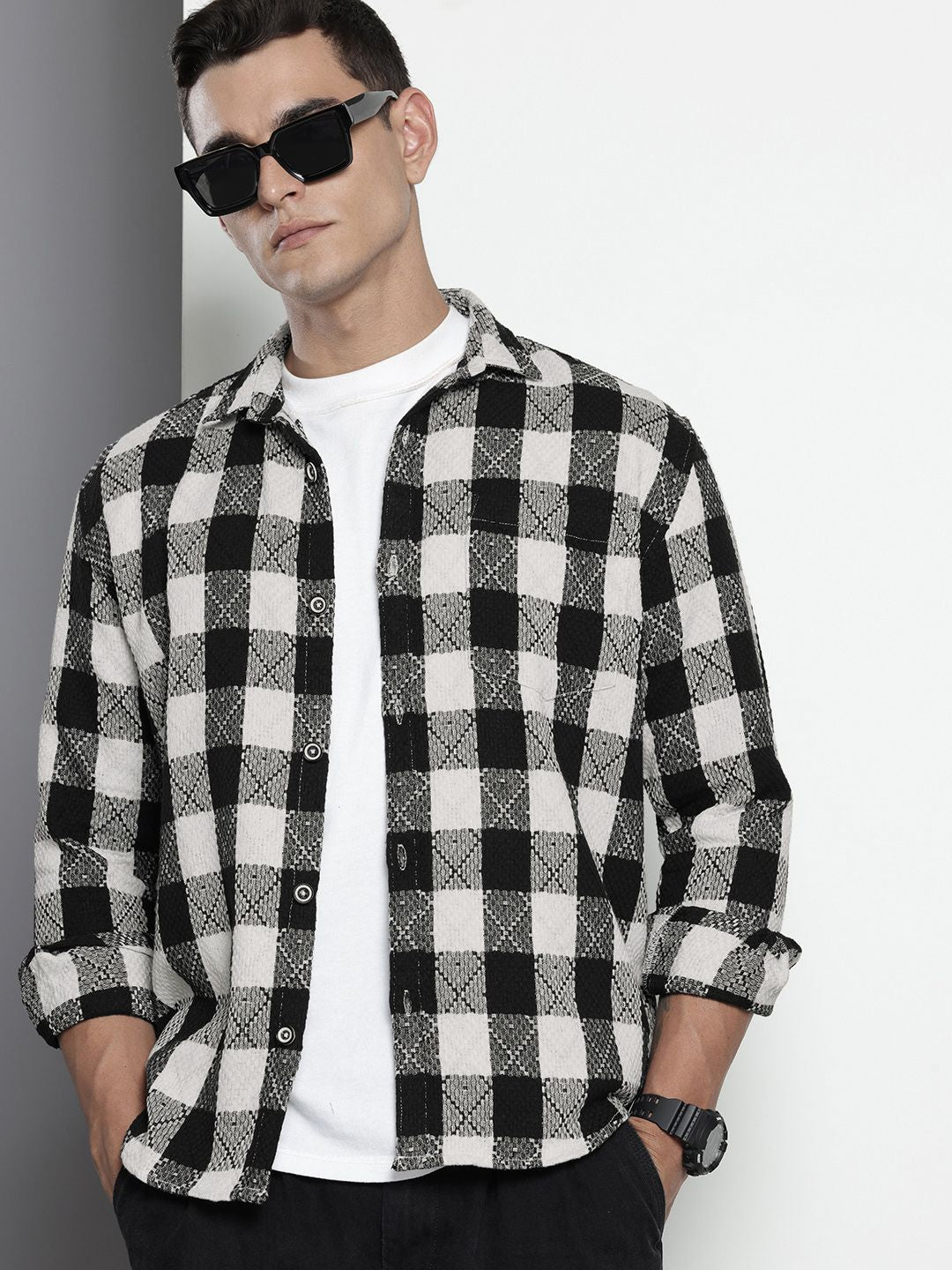 Men's Black Relaxed Fit Checked Textured Shirt – TIGC
