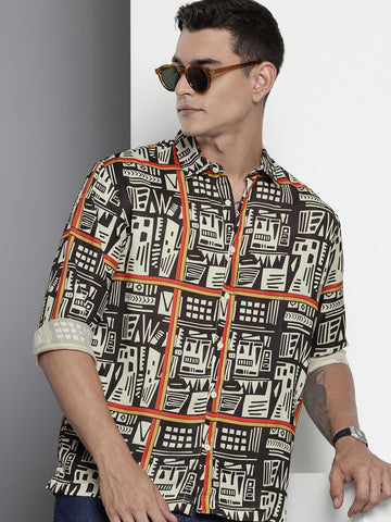 Men's Beige Relaxed Fit Printed Resort Wear Shirt