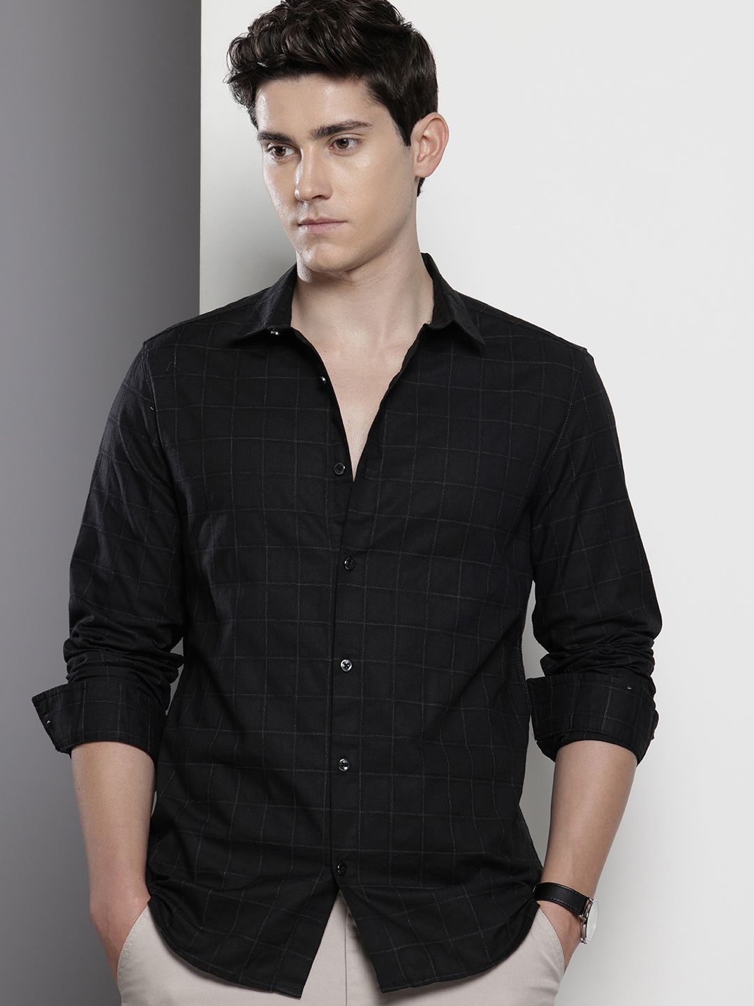 Men's Black Slim Fit Checked Casual Shirt – TIGC