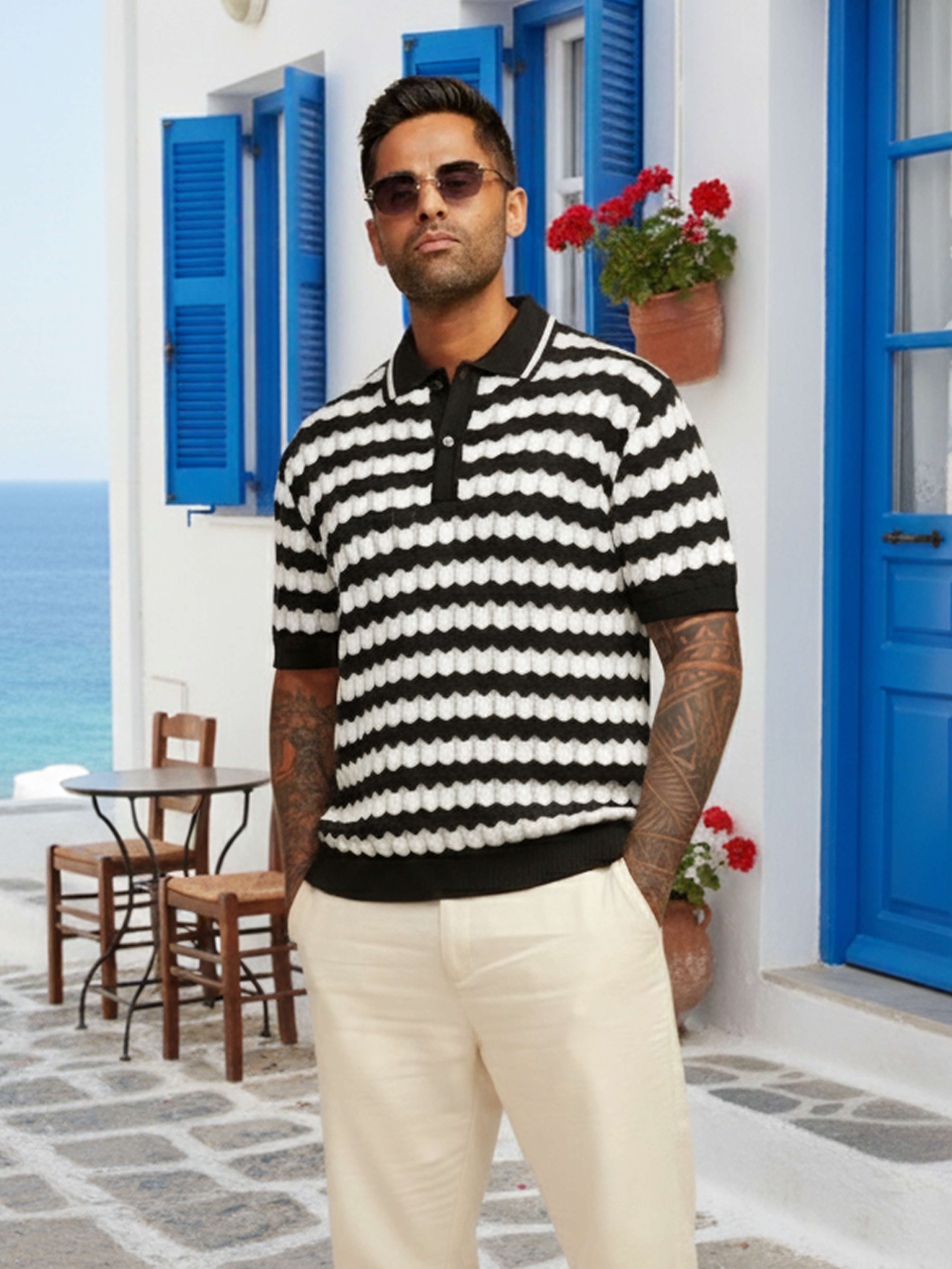 Men's Black Slim Fit Textured Flat Knit Shirt