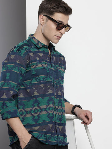 Men's Green Relaxed Fit Textured Casual Shirt