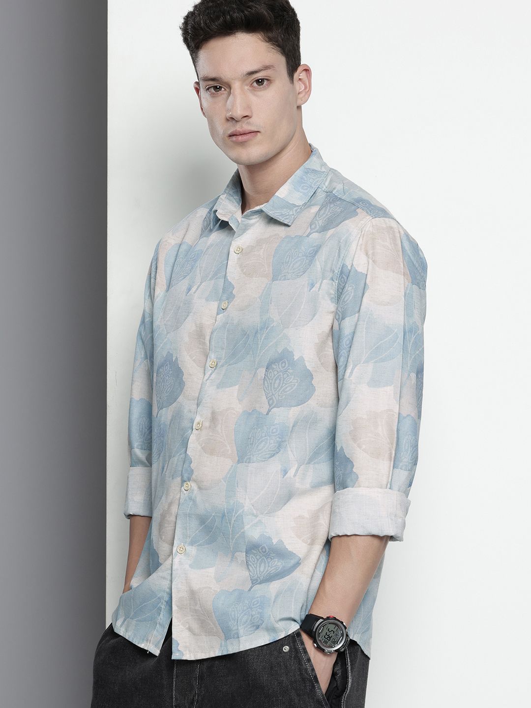 Men's Beige Regular Fit Floral Printed Resort Wear Shirt
