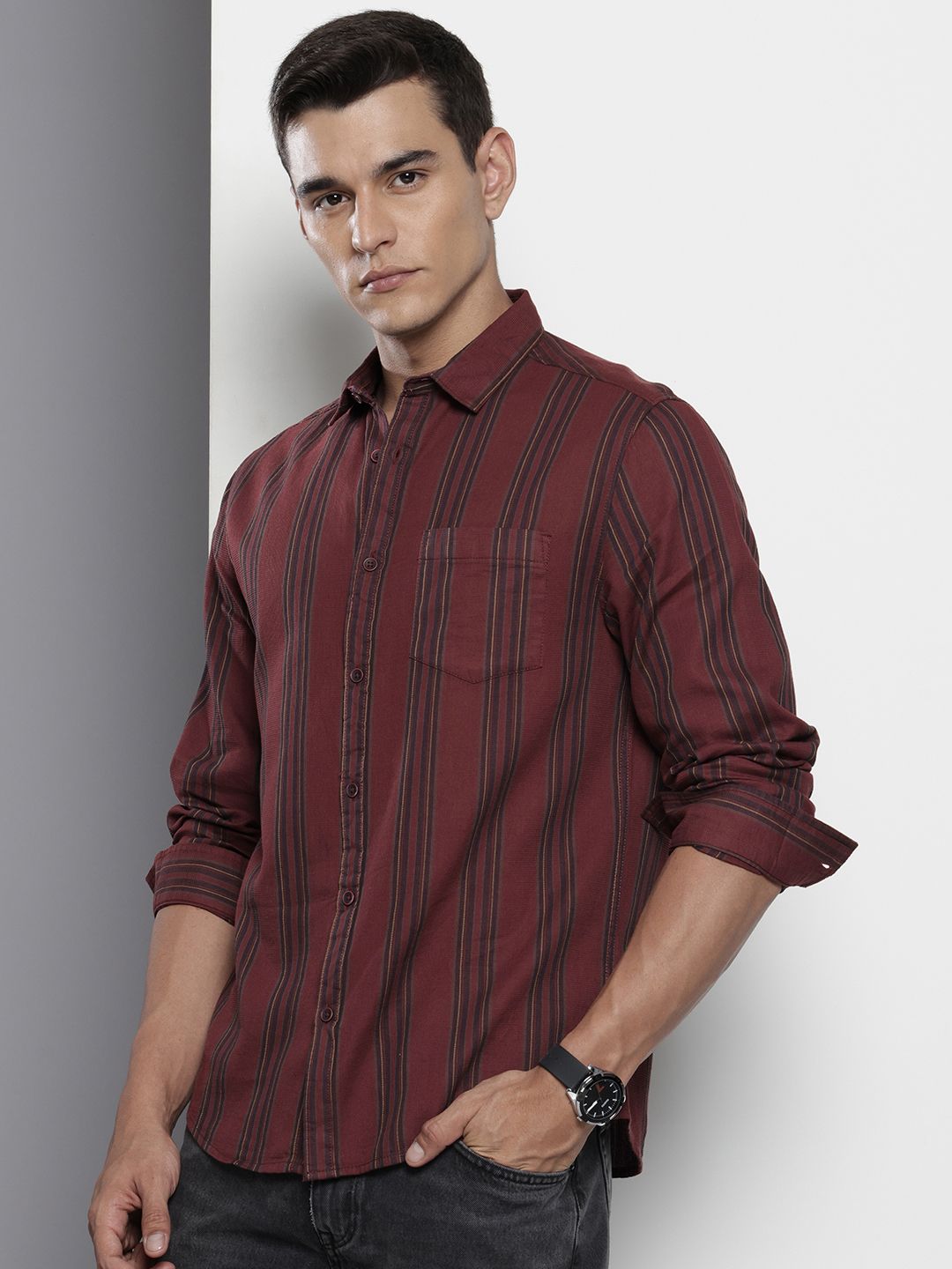 Men's Maroon Slim Fit Striped Casual Shirt