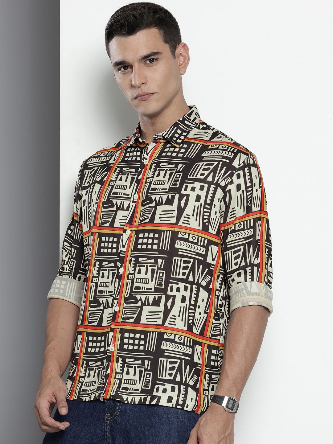 Men's Beige Relaxed Fit Printed Resort Wear Shirt