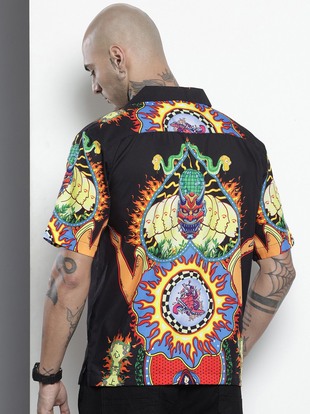 Men's Black Oversized Fit Printed Print Shirt