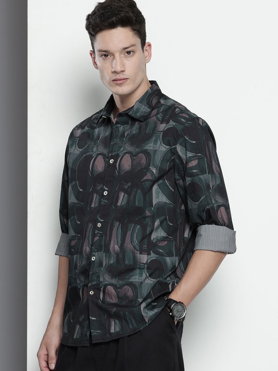Men's Black Slim Fit Printed Party Wear Shirt