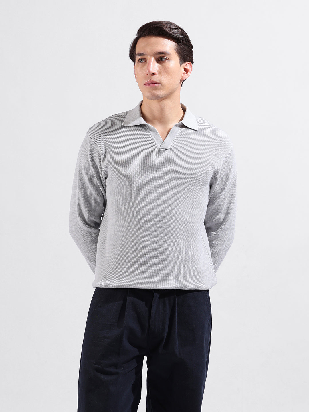 Men's Grey Slim Fit Textured Flat Knit Polo Collar T-Shirt