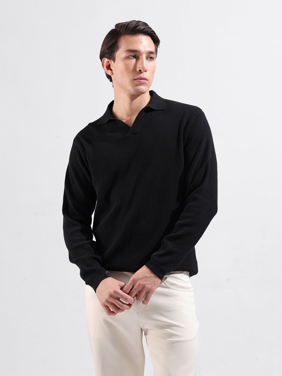 Men's Black Slim Fit Textured Flat Knit Polo Neck T-Shirt – TIGC