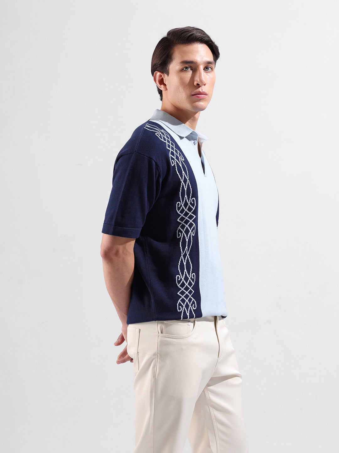 Men's Blue Oversized Fit Textured Flat Knit Polo Collar T-Shirt