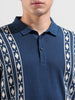 Men's Blue Oversized Fit Textured Flat Knit Polo Collar T-Shirt