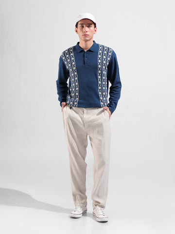 Men's Blue Oversized Fit Textured Flat Knit Polo Collar T-Shirt