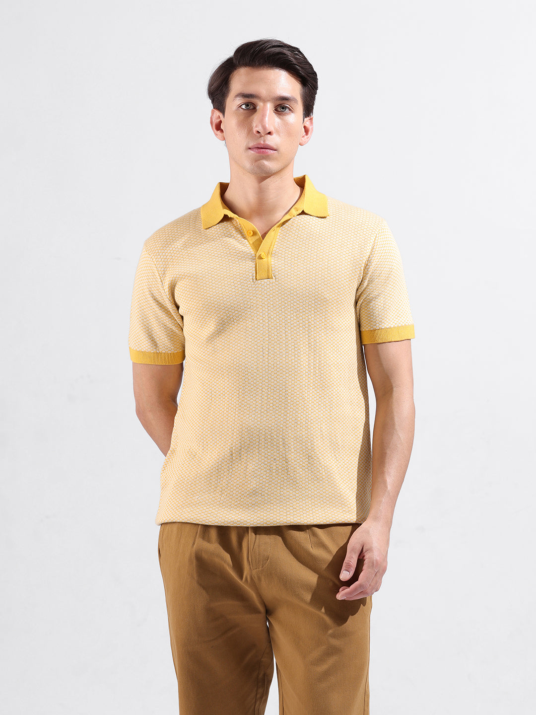 Men's Yellow Slim Fit Textured Flat Knit Polo Collar T-Shirt