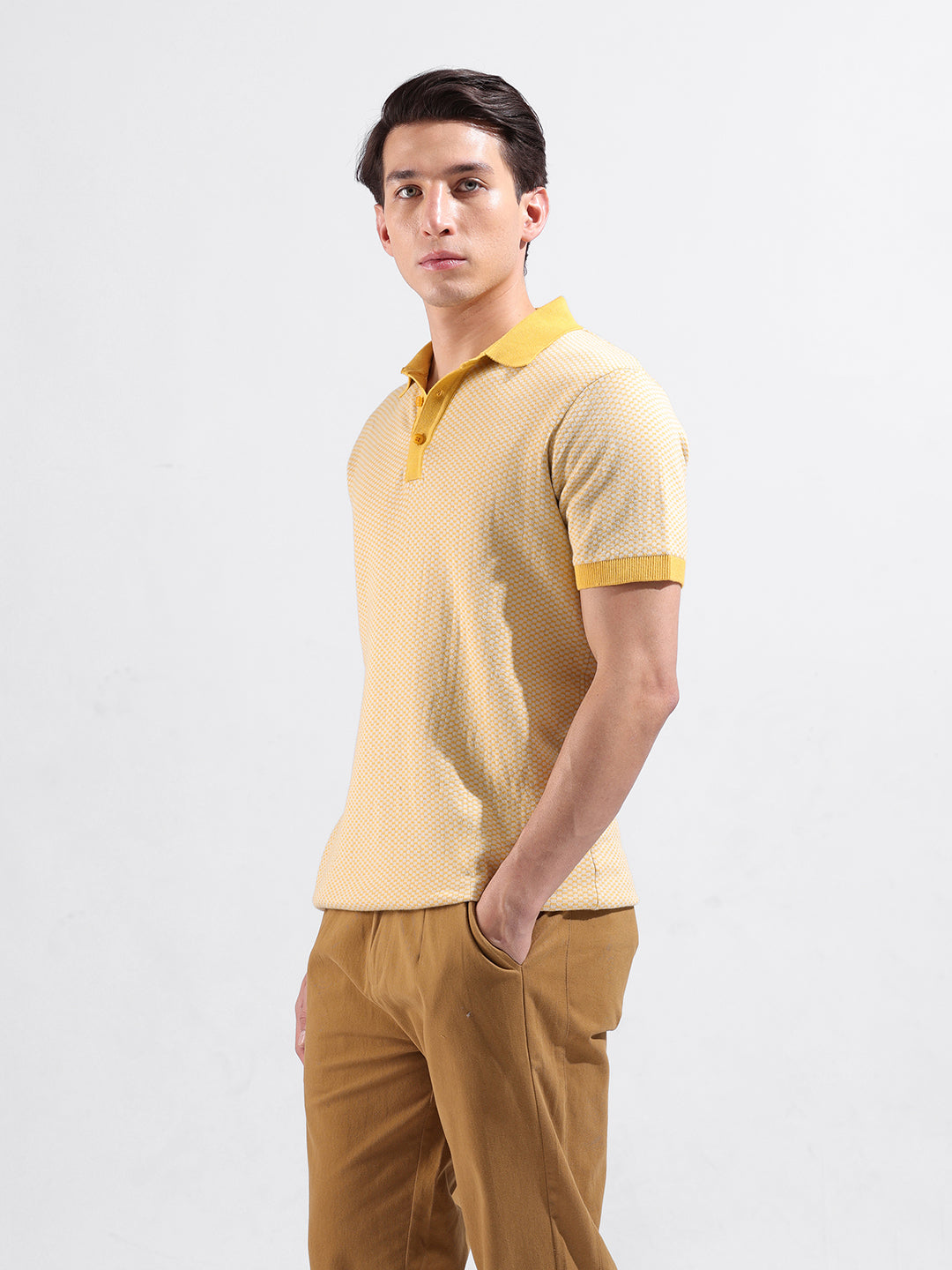 Men's Yellow Slim Fit Textured Flat Knit Polo Collar T-Shirt