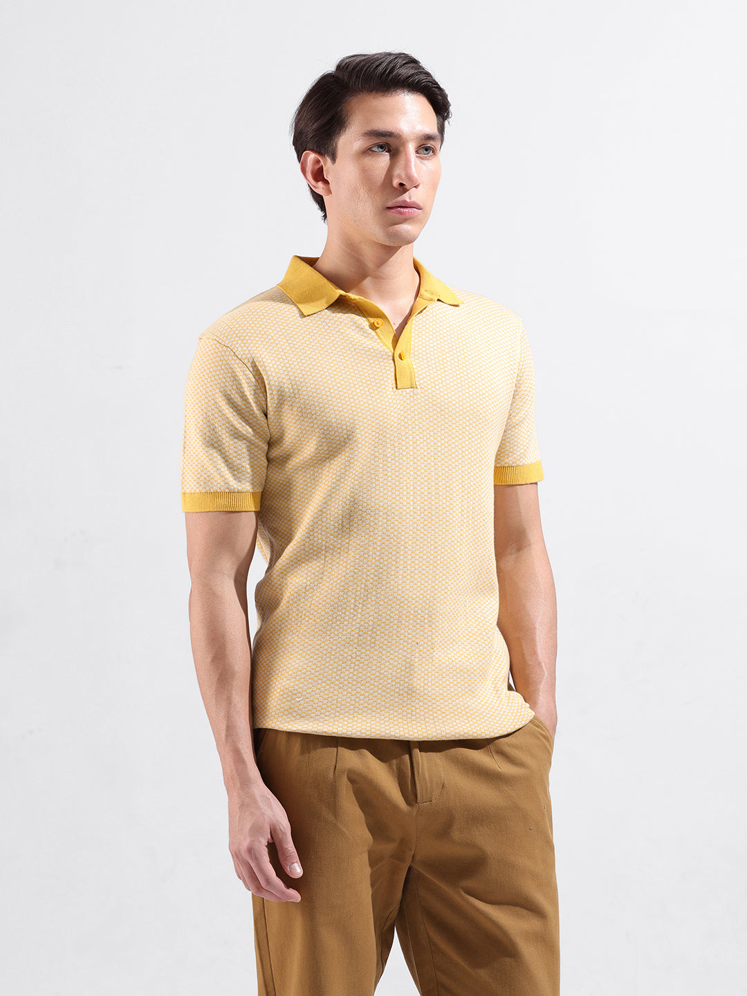 Men's Yellow Slim Fit Textured Flat Knit Polo Collar T-Shirt