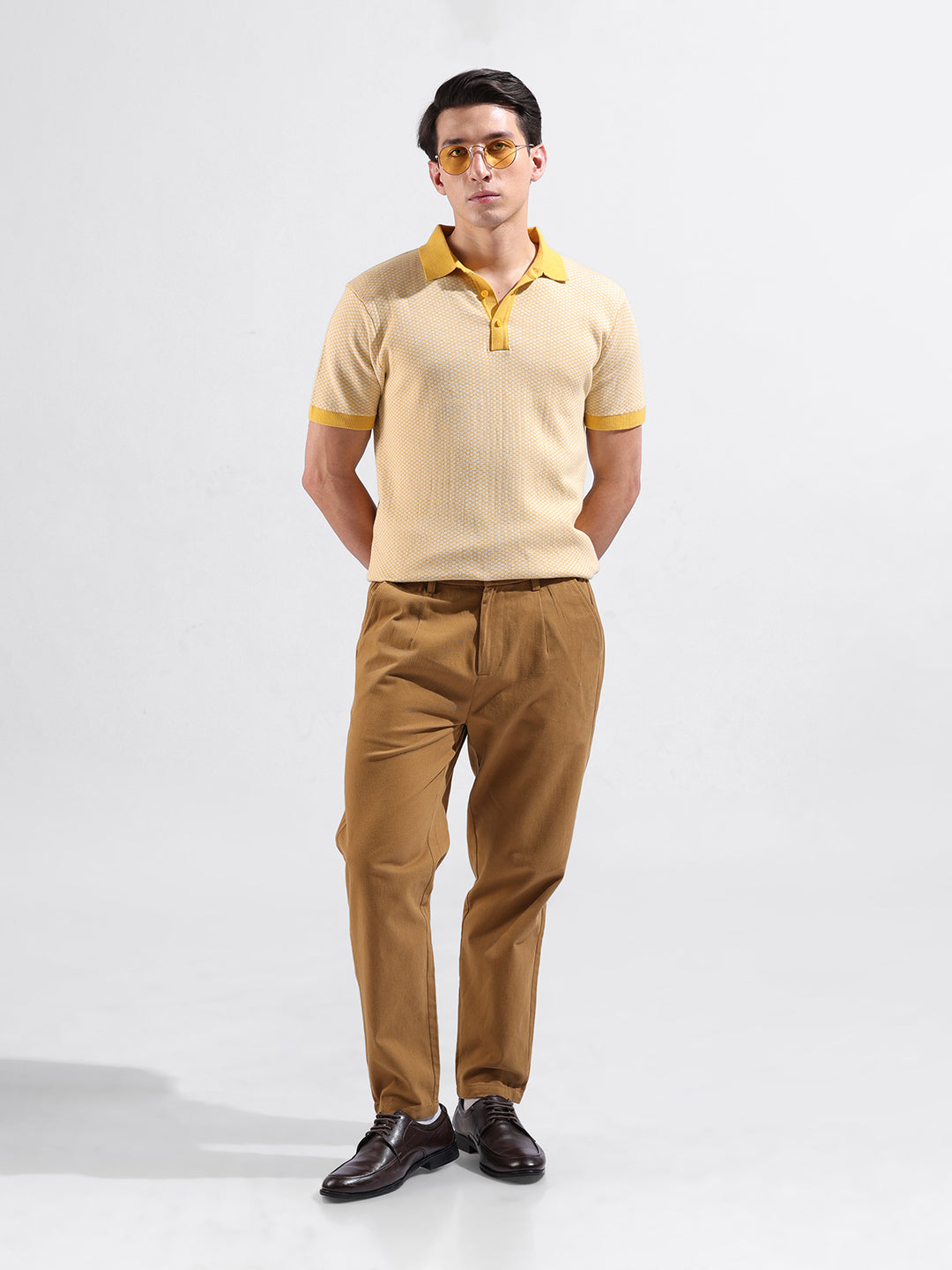 Men's Yellow Slim Fit Textured Flat Knit Polo Collar T-Shirt