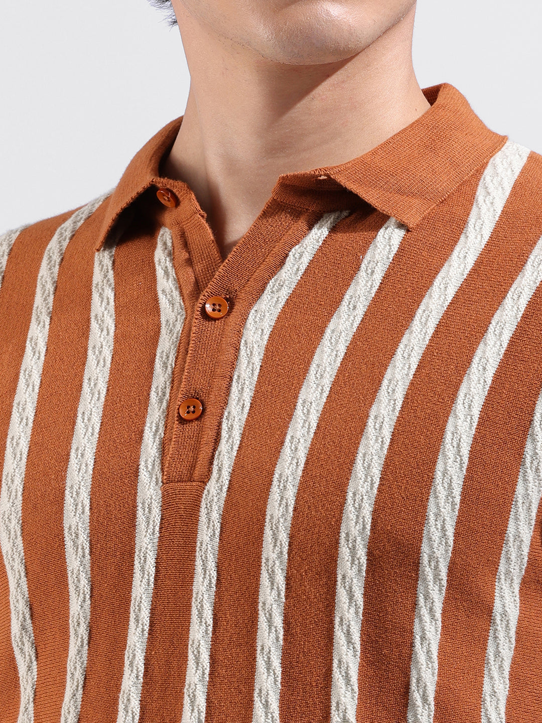 Men's Rust Slim Fit Textured Flat Knit Polo Collar T-Shirt