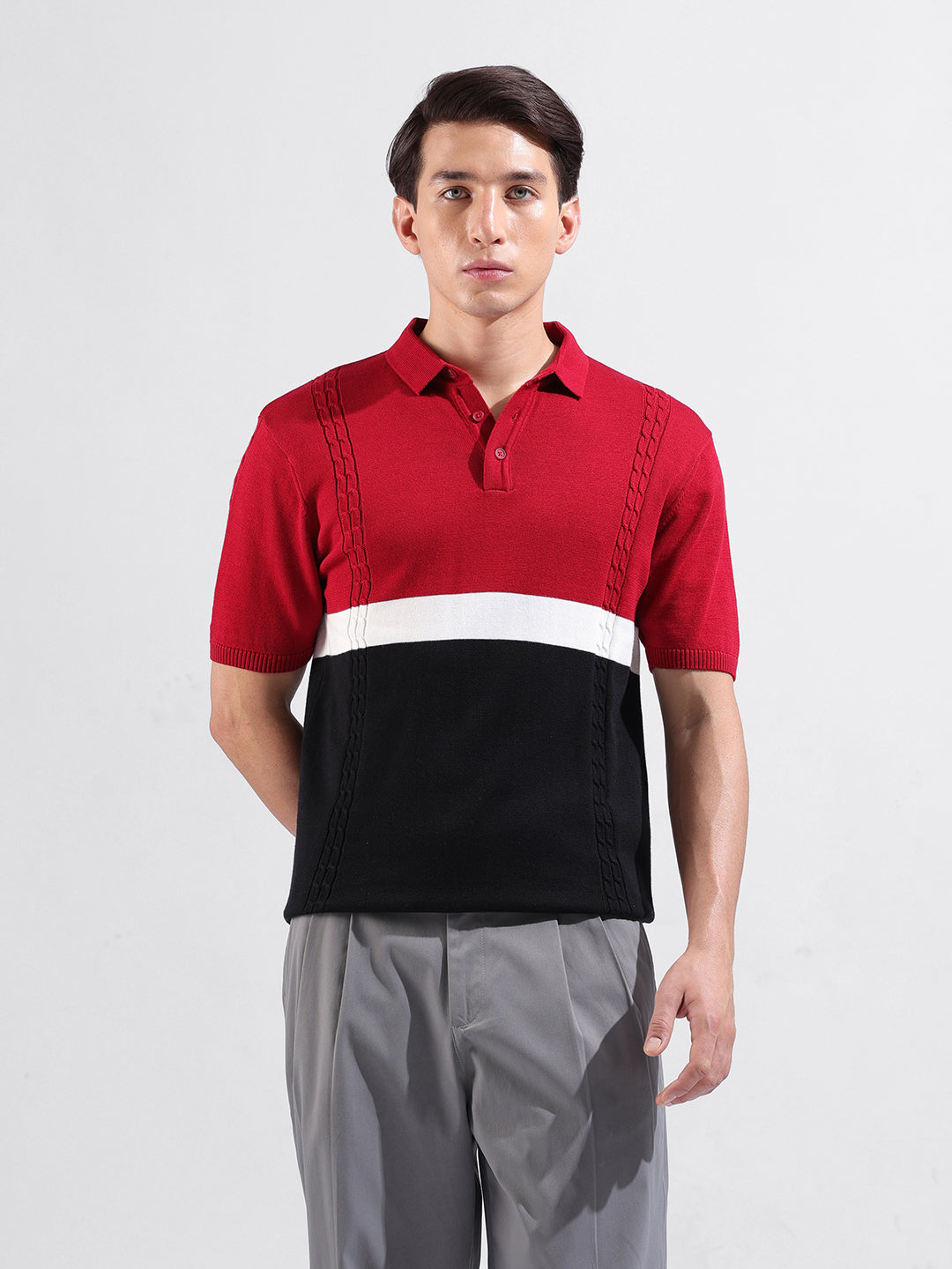 Men's Red Slim Fit Textured Flat Knit Polo Collar T-Shirt