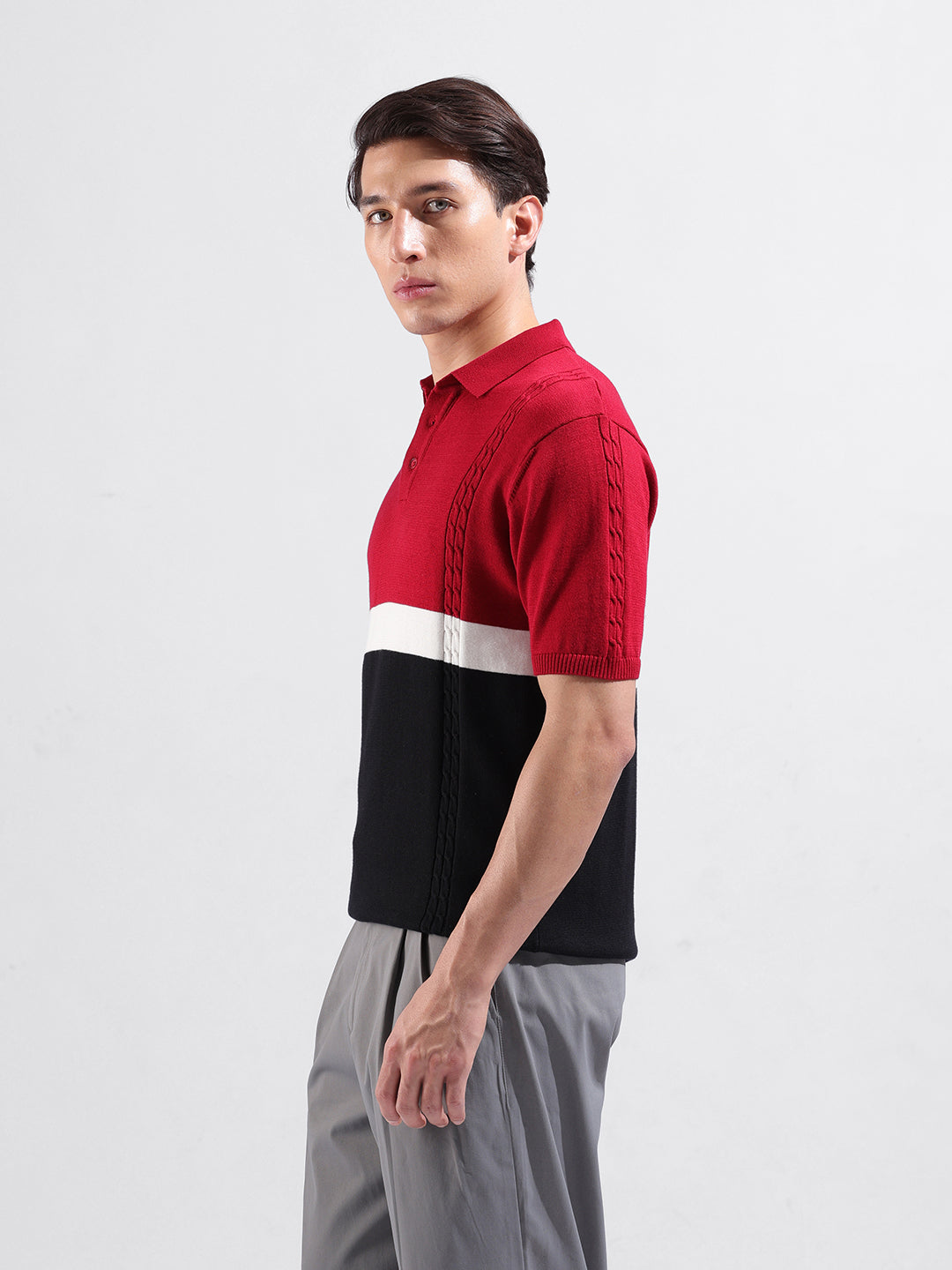 Men's Red Slim Fit Textured Flat Knit Polo Collar T-Shirt