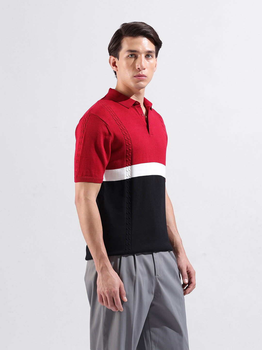 Men's Red Slim Fit Textured Flat Knit Polo Collar T-Shirt