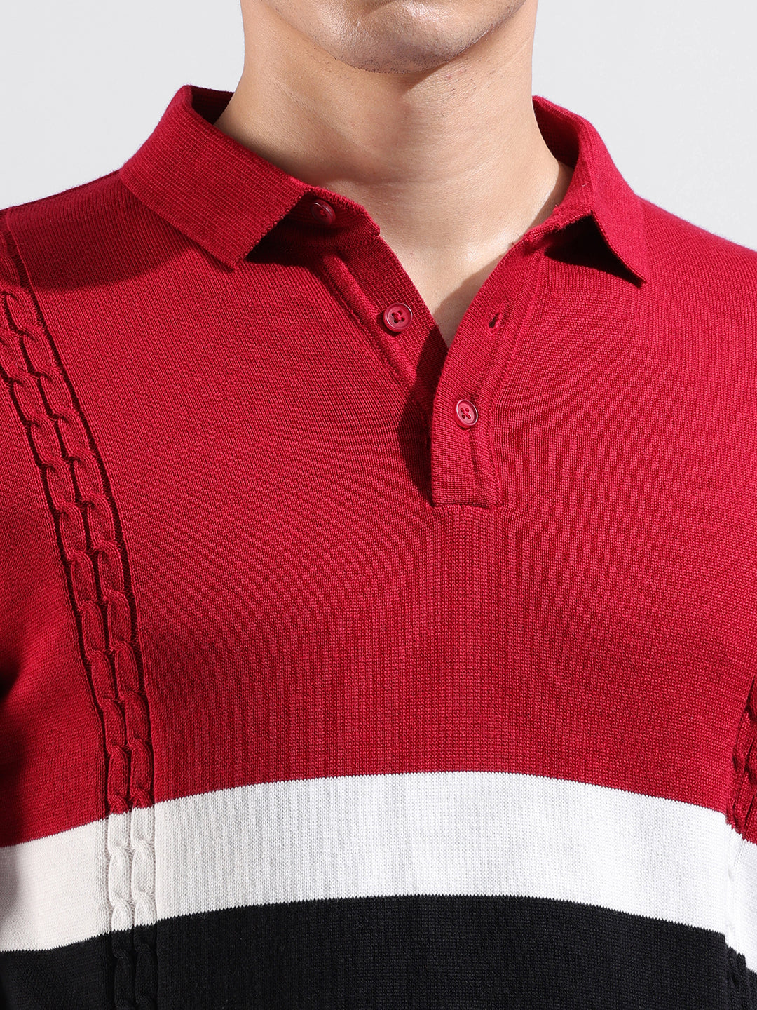 Men's Red Slim Fit Textured Flat Knit Polo Collar T-Shirt