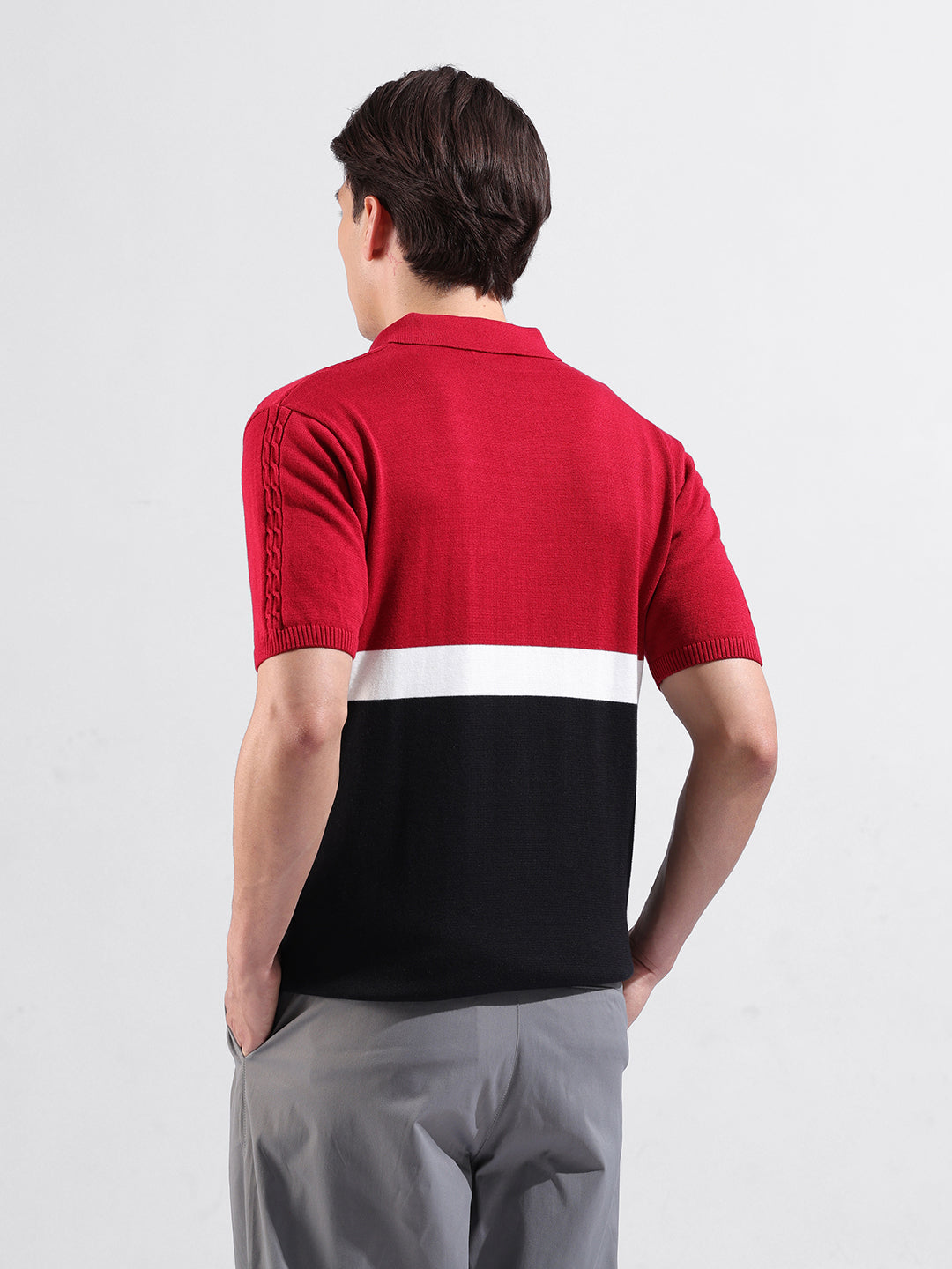 Men's Red Slim Fit Textured Flat Knit Polo Collar T-Shirt