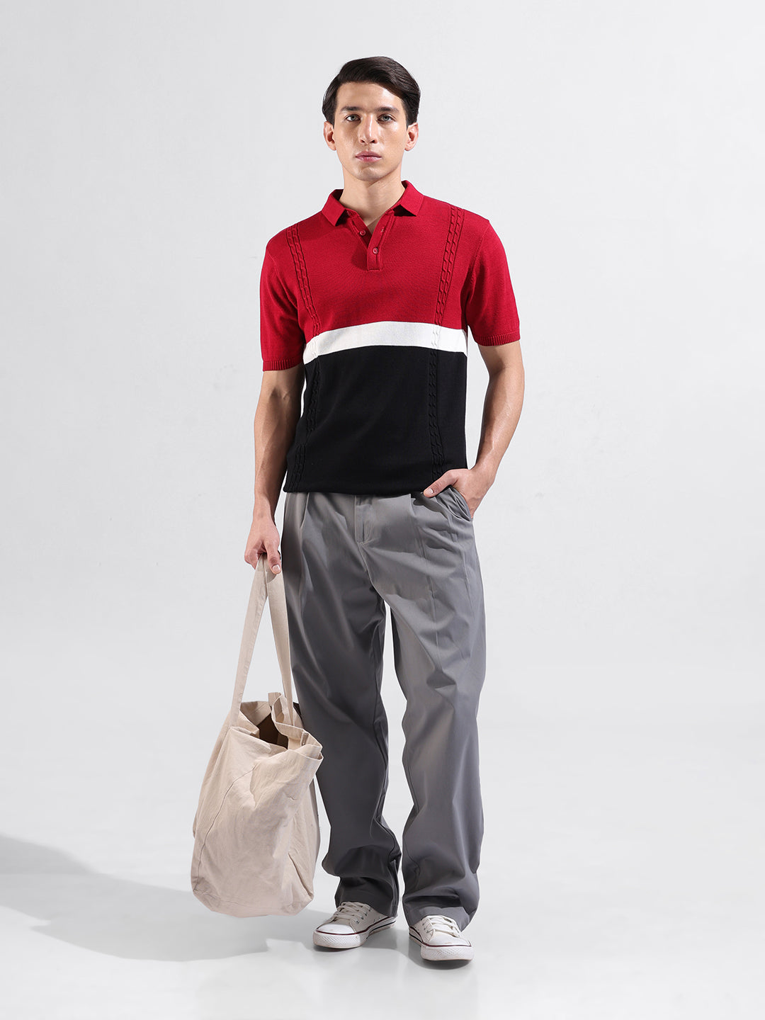 Men's Red Slim Fit Textured Flat Knit Polo Collar T-Shirt
