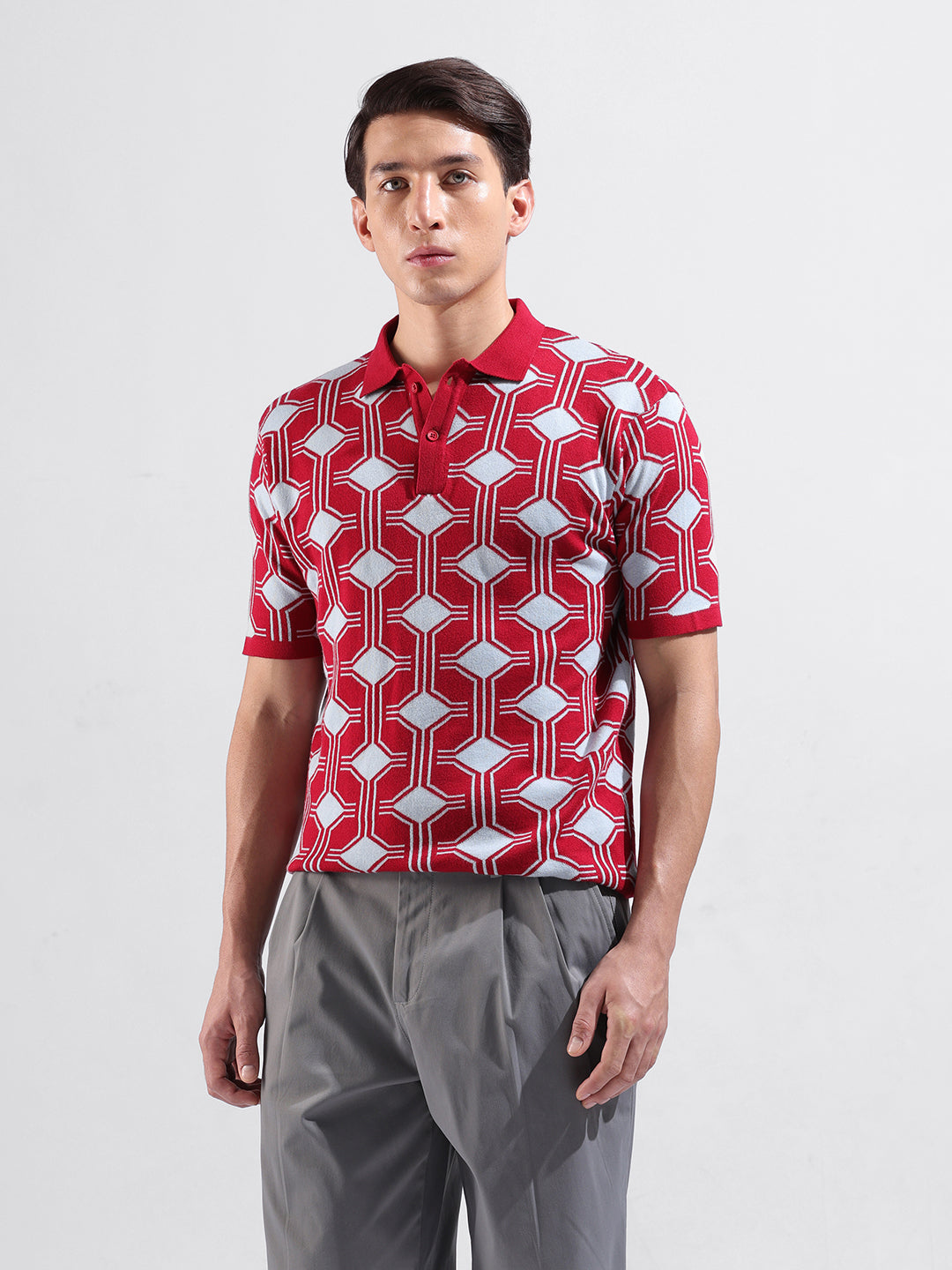 Men's Red Slim Fit Printed Flat Knit Polo Collar T-Shirt