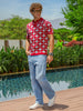 Men's Red Slim Fit Printed Flat Knit Polo Collar T-Shirt