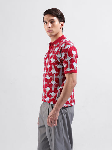 Men's Red Slim Fit Printed Flat Knit Polo Collar T-Shirt
