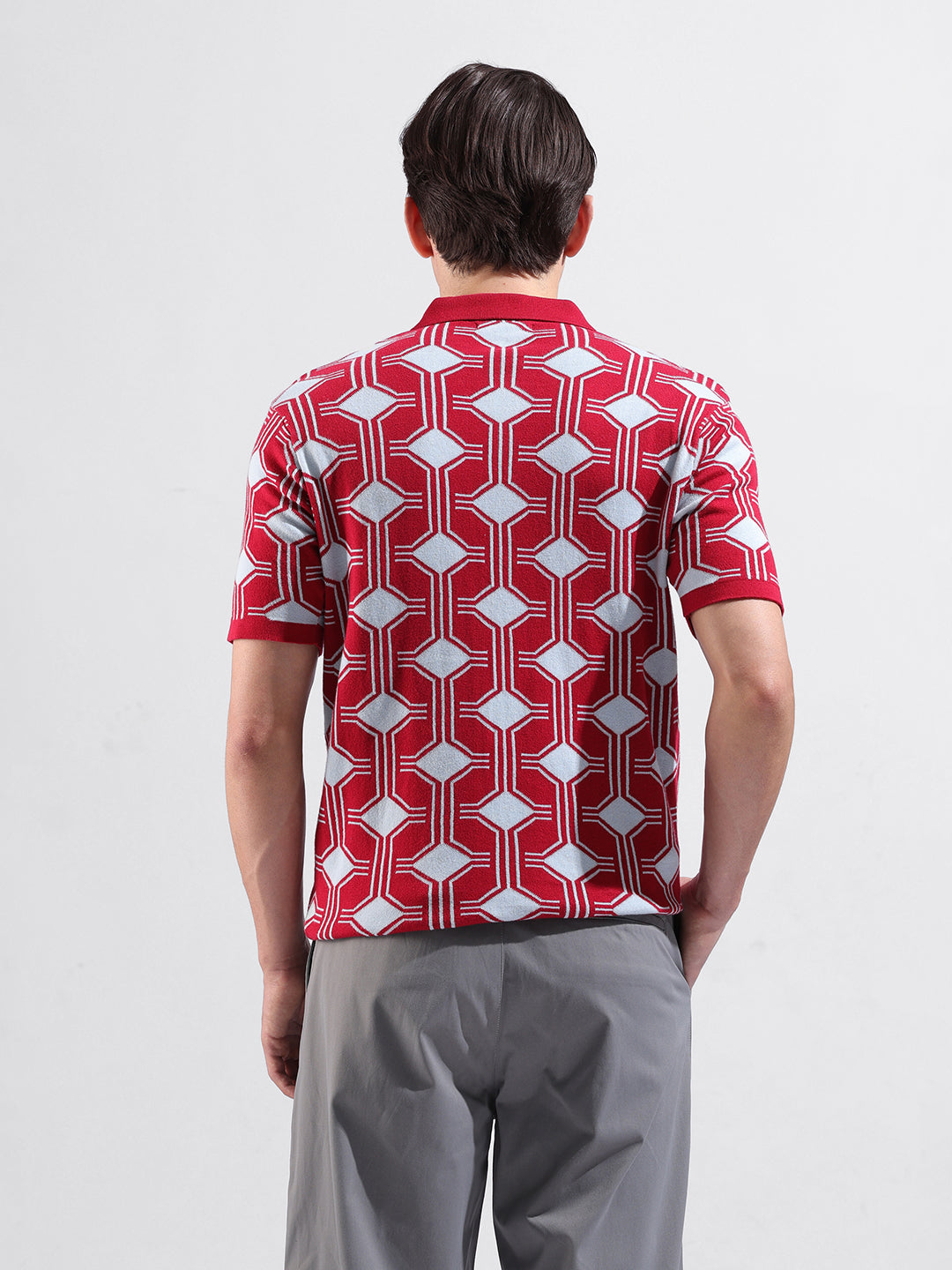 Men's Red Slim Fit Printed Flat Knit Polo Collar T-Shirt