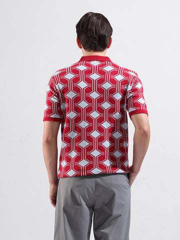 Men's Red Slim Fit Printed Flat Knit Polo Collar T-Shirt
