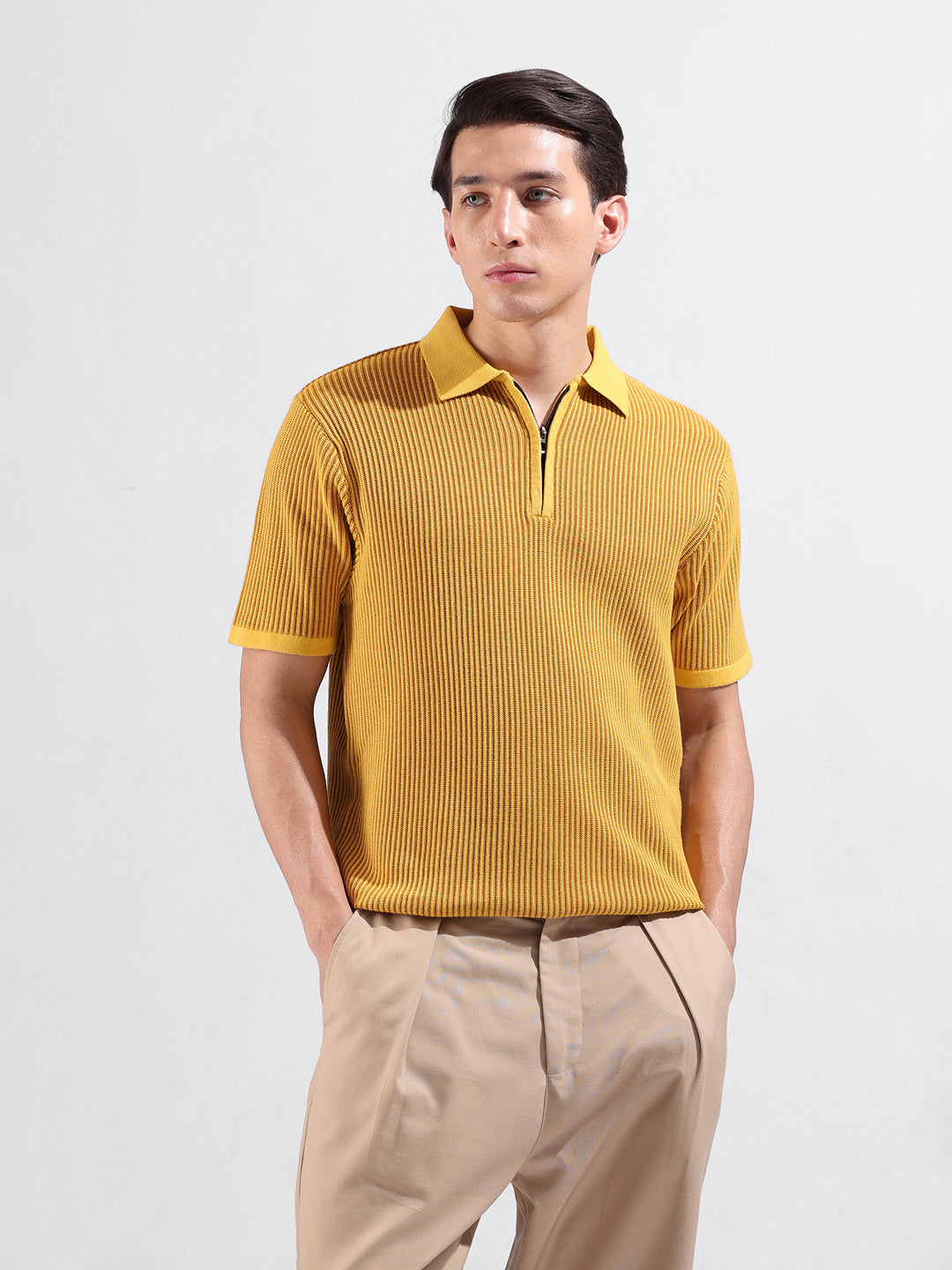 Men's Yellow Slim Fit Textured Flat Knit Polo Collar T-Shirt