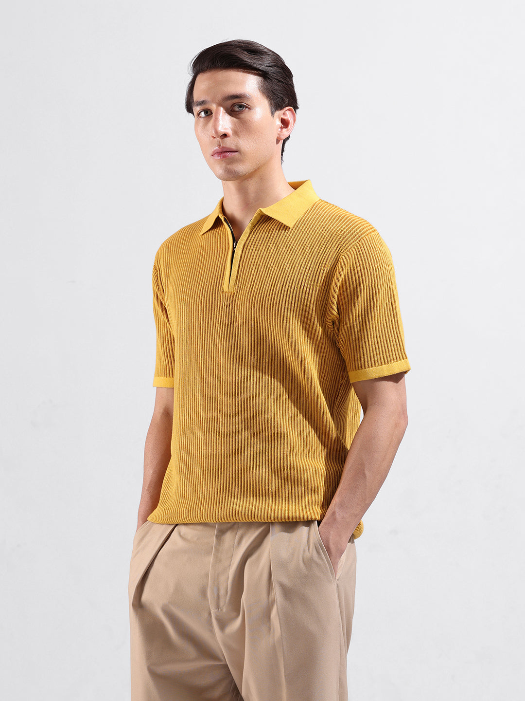 Men's Yellow Slim Fit Textured Flat Knit Polo Collar T-Shirt