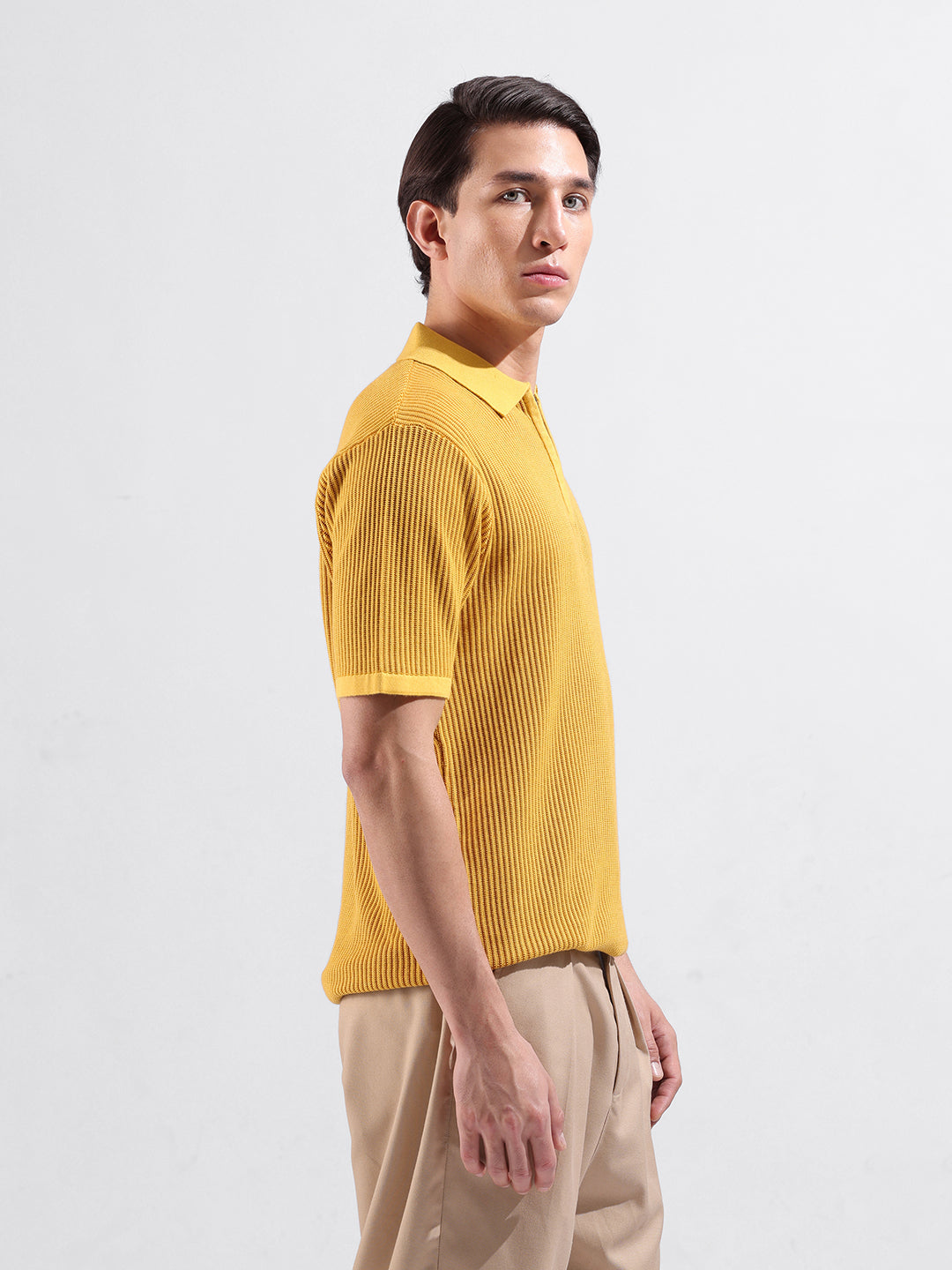 Men's Yellow Slim Fit Textured Flat Knit Polo Collar T-Shirt