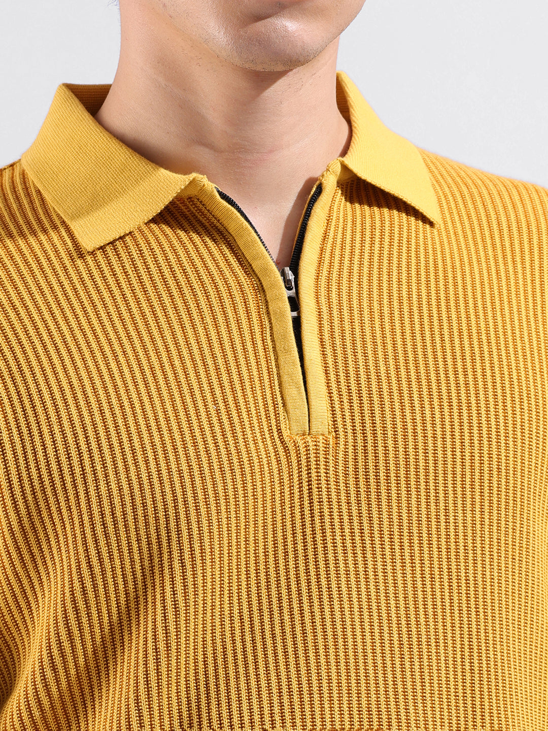 Men's Yellow Slim Fit Textured Flat Knit Polo Collar T-Shirt