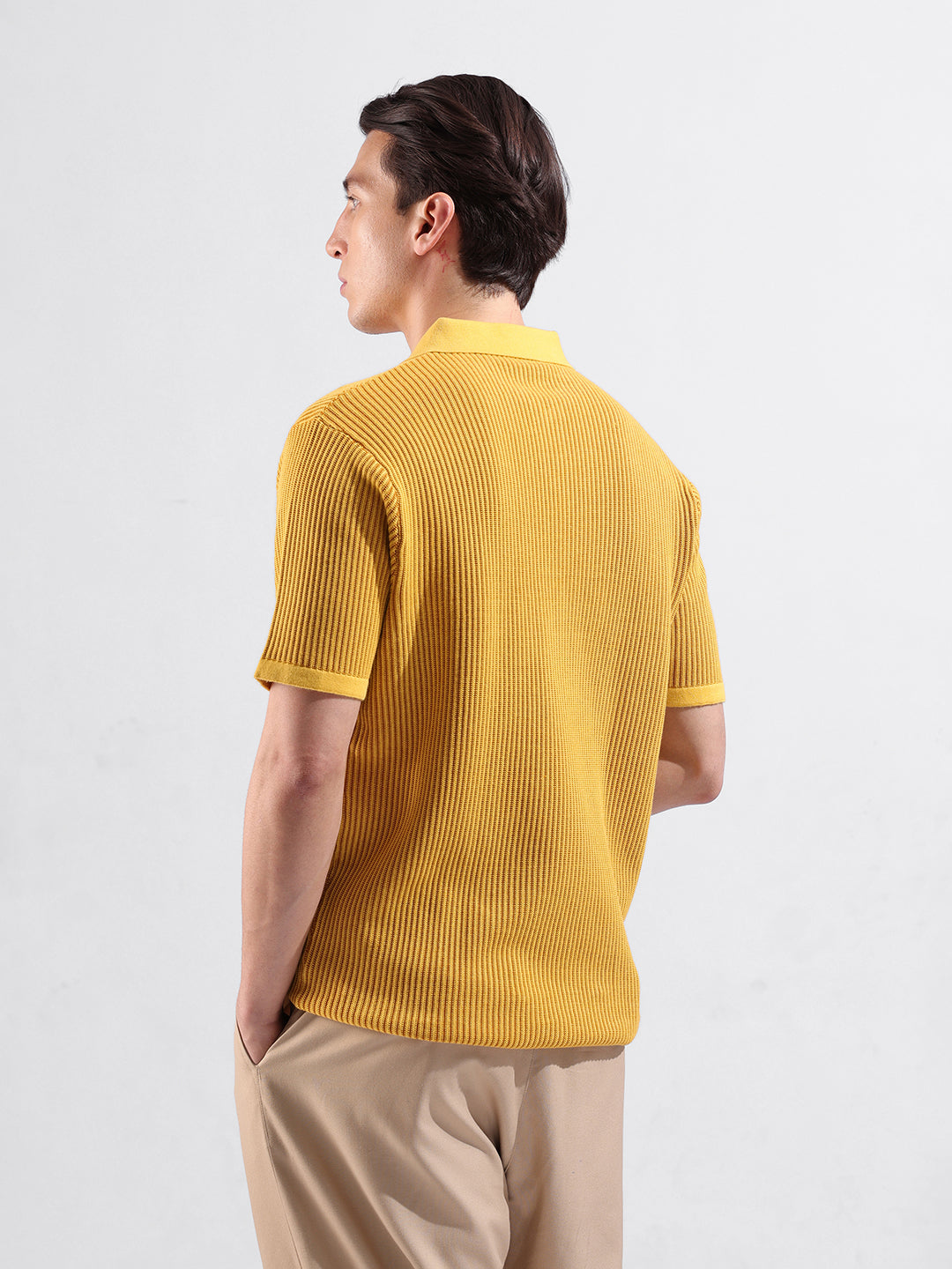 Men's Yellow Slim Fit Textured Flat Knit Polo Collar T-Shirt