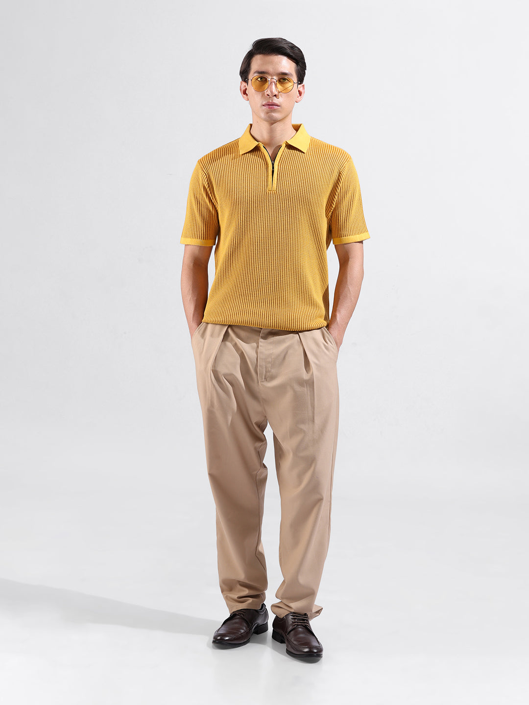 Men's Yellow Slim Fit Textured Flat Knit Polo Collar T-Shirt