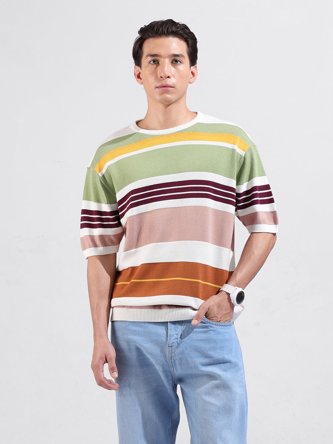 Men's Multicolor Oversized Fit Striped Flat Knit Crew Neck T-Shirt