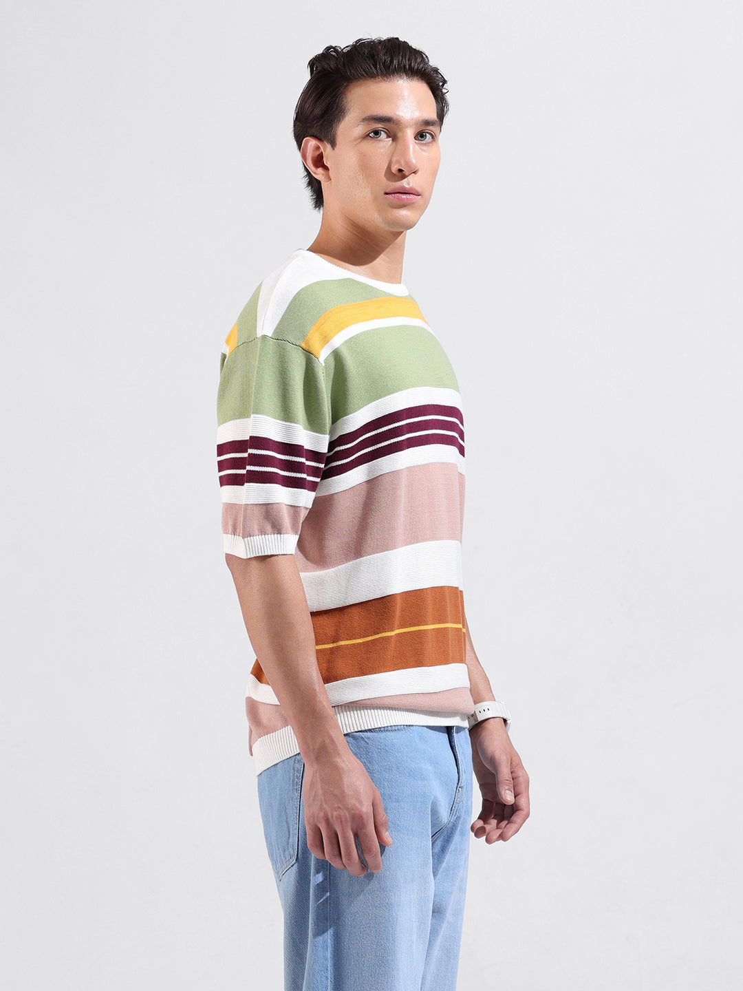 Men's Multicolor Oversized Fit Striped Flat Knit Crew Neck T-Shirt