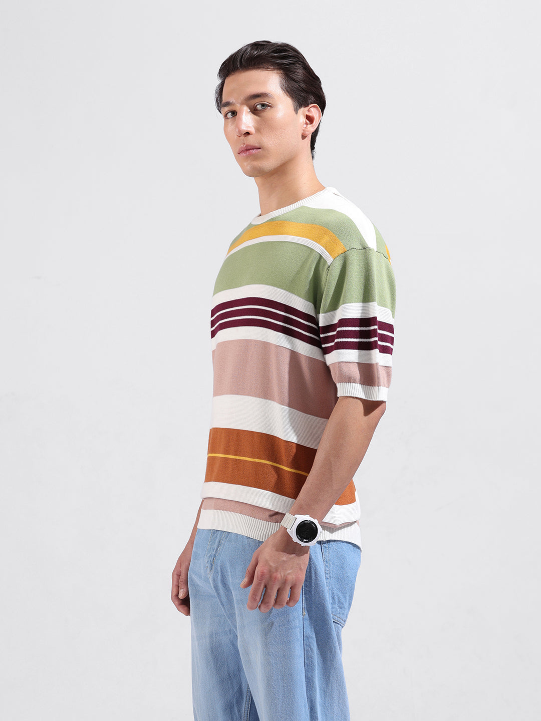Men's Multicolor Oversized Fit Striped Flat Knit Crew Neck T-Shirt