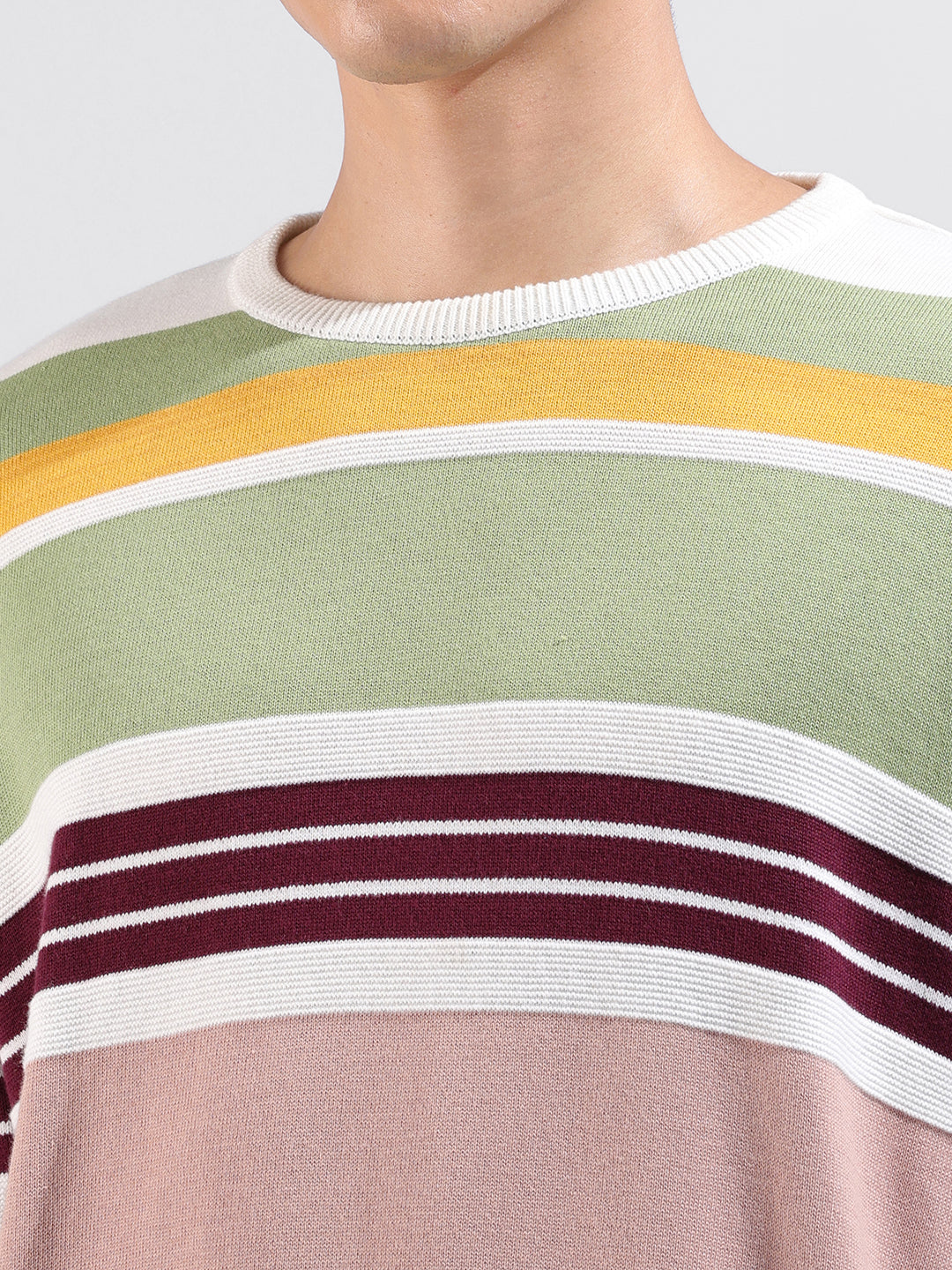 Men's Multicolor Oversized Fit Striped Flat Knit Crew Neck T-Shirt