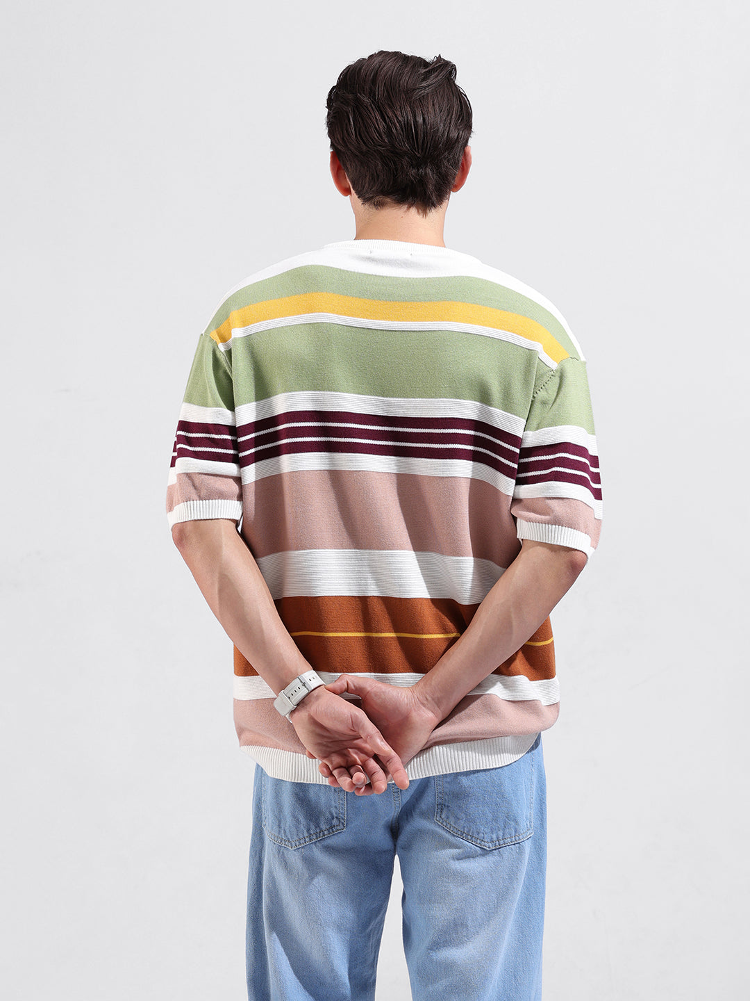 Men's Multicolor Oversized Fit Striped Flat Knit Crew Neck T-Shirt