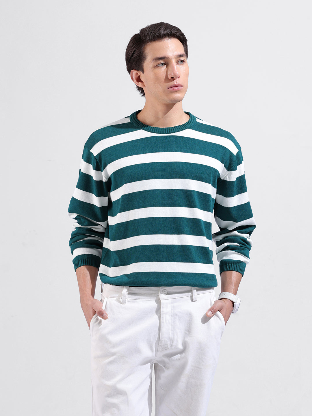 Men's Green Oversized Fit Textured Flat Knit Crew Neck T-Shirt