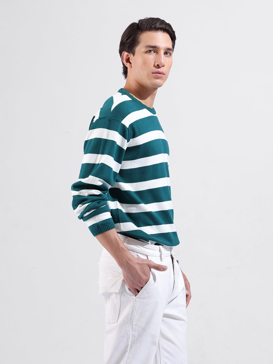Men's Green Oversized Fit Textured Flat Knit Crew Neck T-Shirt