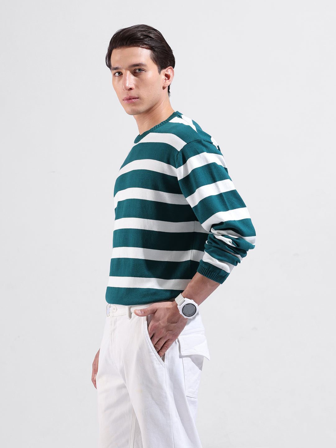 Men's Green Oversized Fit Textured Flat Knit Crew Neck T-Shirt